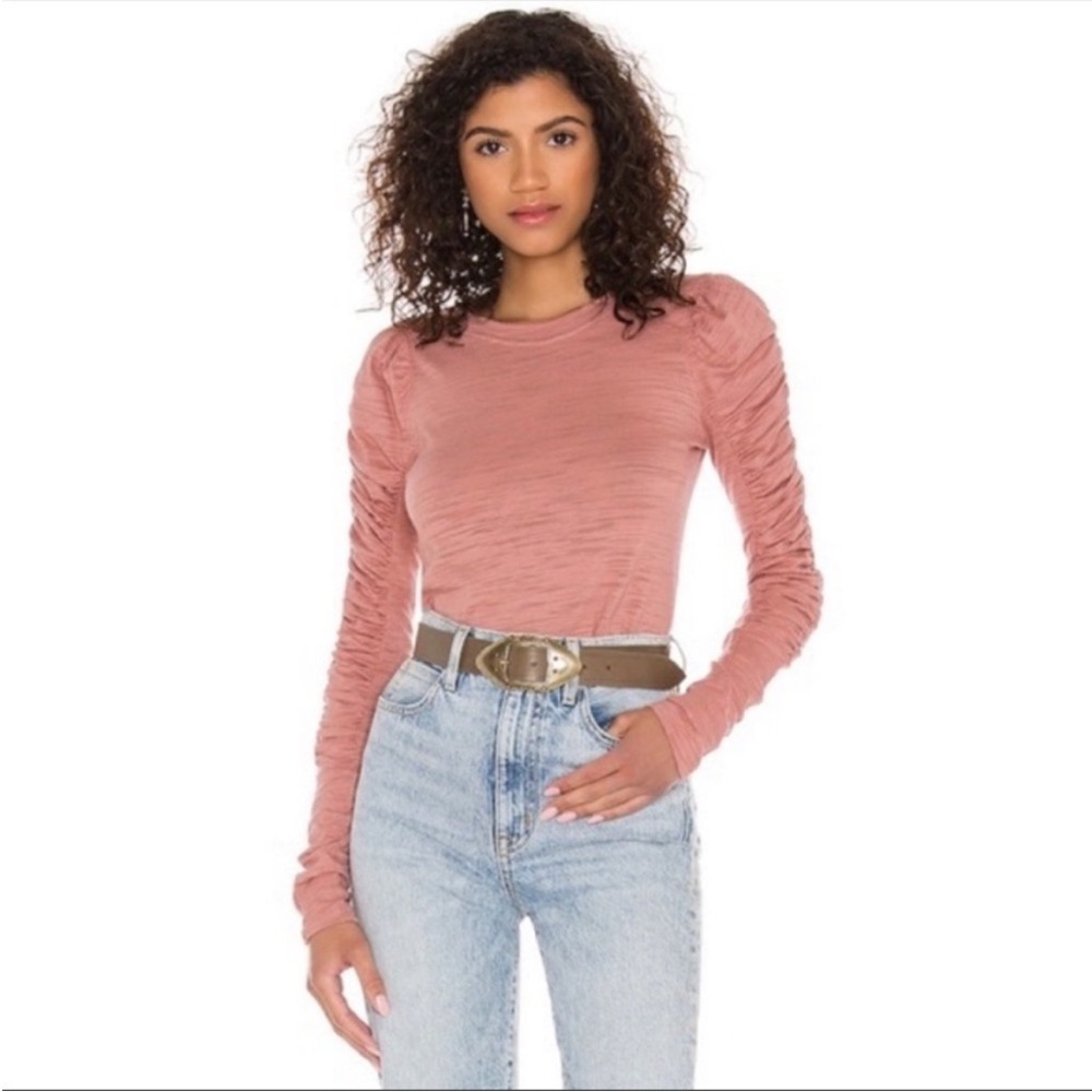 WTF/Free People Natasha Ruched Sleeve Slub Knit Top Dusty Rose wMEASUREMENTS Lg